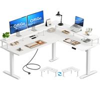 OffiGo Bureau Assis Debout, 150x120cm Électrique Bureau d'angle avec Prise, Standing Desk avec Support d'écran, Table Reglable en Hauteur Electrique, Blanc