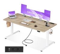 OffiGo Bureau Assis Debout, 180cm Bureau Electrique avec Prises et USB, Standing Desk avec 2 Fonctions de Mémoire, Table électrique pour la Maison, Beige