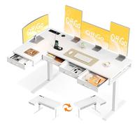 OffiGo Bureau Assis Debout Angle, 160x80cm Bureau Electrique avec 4 Tiroirs, Grand Table d'angle avec Prise, Standing Desk Réglable en Hauteur avec Rangement pour la Maison, Blanc