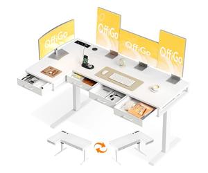 OffiGo Bureau Assis Debout Angle, 160x80cm Bureau Electrique avec 4 Tiroirs, Grand Table d'angle avec Prise, Standing Desk Réglable en Hauteur avec Rangement pour la Maison, Blanc