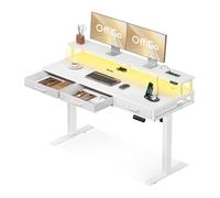 OffiGo Bureau Assis Debout avec 3 Tiroirs, 140cm Bureau Electrique avec Support de Moniteur, Standing Desk avec Chargeur et Lumière LED, Table pour Le Travail, Blanc