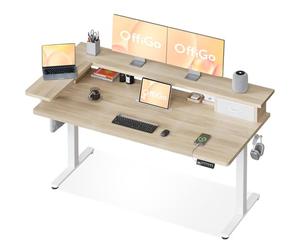 OffiGo Bureau Assis Debout avec Tiroir et USB, 140×60 cm, Beige | Support d'écran en L, 3 mémoires, bureau assis debout électrique pour le télétravail, USB intégré, 72-119 cm
