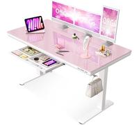 OffiGo Bureau Assis Debout Électrique, 140x60cm Plateau en Verre, Réglable en Hauteur, Tiroir Intégré, Ports de Charge USB et Type-C, Idéal pour Bureau à Domicile ou Büro, Rose