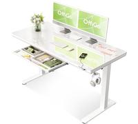 OffiGo Bureau Assis Debout Électrique, 140x60cm Plateau en Verre, Réglable en Hauteur, Tiroir Intégré, Ports de Charge USB et Type-C, Idéal pour Bureau à Domicile ou Büro, Blanc