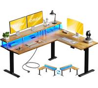 OffiGo Bureau Assis Debout Electrique, 150 x 120 cm Bureau d'angle avec Support pour écran, Standing Desk avec Prises, Table Réglable avec RGB LED Lumineuse pour Poste de Travail à Domicile, Marron