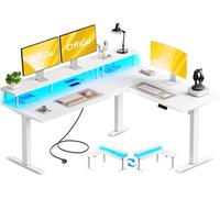 OffiGo Bureau Assis Debout Electrique, 150 x 120 cm Bureau d'angle avec Support pour écran, Standing Desk avec Prises, Table Réglable avec RGB LED Lumineuse pour Poste de Travail à Domicile, Blanc