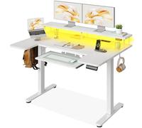 OffiGo Bureau Assis Debout Forme de U, 120 cm Bureau Electrique avec Support pour écran, Prises et Port USB, Standing Desk avec LED, Table Gaming Réglable en Hauteur, Blanc