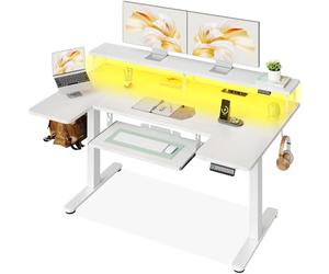 OffiGo Bureau Électrique avec Support Écran 140×74 cm, Blanc | Plateau forme en U, USB et prises intégrés, Bureau assis debout avec 4 mémoires, Table réglable pour télétravail