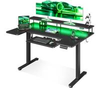 OffiGo Bureau Gaming Électrique avec Support Écran 120×74 cm, Noir | Plateau forme en U, USB et prises intégrés, Bureau gaming avec 3 mémoires, Table gaming avec éclairage LED
