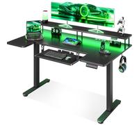OffiGo Bureau Gaming Électrique avec Support Écran 140×74 cm, Noir | Plateau forme en U, USB et prises intégrés, Bureau gaming avec 4 mémoires, Table gaming avec éclairage LED
