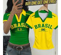 Offre à durée limitée : Achetez-en un, obtenez-en un gratuit, mode rétro lettre verte BRÉSIL, jaune ensoleillé vibrant, éclat d'étoile doré, côte d'or, col contrasté style sportif rayé, filles préadol