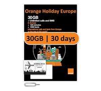 Offre combinée de Carte SIM prépayée Orange Holiday Europe 30 Go de données Internet en 5G/4G/LTE (Partage de données autorisé)+120 Min et 1 000 SMS Depuis l'europe vers n'importe Quel Pays du Monde