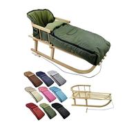 Offre combinée [Luge en bois + chancelière d'hiver universelle 108 cm] Luge avec dossier et corde de traction, chancelière, convient pour porte-bébé, poussette avec polaire thermique (olive)