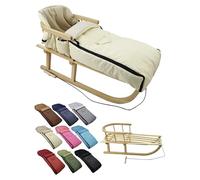 Offre combinée [Luge en bois + chancelière d'hiver universelle 108 cm] Luge avec dossier et corde de traction, chancelière, convient pour porte-bébé, poussette avec polaire thermique (beige)