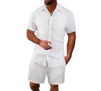 Offre du Jour Ensemble Deux pièces Chemise froissée Respirante pour Hommes, Costume de Plage texturé pour Hommes, été Pantalon De Costume Déstockage Vente de Bonnes Affaires