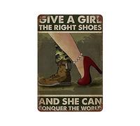 Offrez à une fille les bonnes chaussures et elle pourra conquérir le monde. Plaque en métal féministe Girl Power, talons hauts rouges, féminisme, drôle, plaque en métal antique pou 8x12 pouces