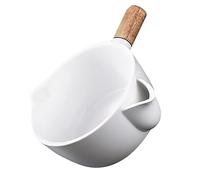 OFFSCH Bol Séparateur pour Soupe et Huile Grand Format, Bol Filtre à Graisse en Céramique Blanche, Matériau Sûr, Poignée Ergonomique en Bois Antidérapante, Ustensile Cuisine Pratique