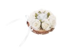 OFFSCH Coussin à Bagues Vintage avec Base en Bois et Fleurs Artificielles, Porte Alliance Mariage Élégant pour Cérémonie en Extérieur ou Décoration D'église
