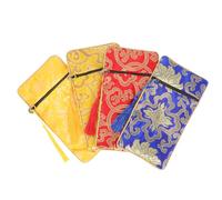 OFFSCH Lot de 4 Pochettes Bouddhistes 10x19 Cm en Brocart Ethnique, Petite Pochette à Bijoux et Rangement pour Écritures, Motifs Fleurs et Dragons Colorés, Fermeture Éclair Pratique,