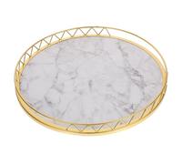 OFFSCH Plateau de Service Rond Usage Polyvalent Motif Marbre en Bois et Métal Plateau de Desserts Portable pour Fruits et Plantes en Décoration Intérieure