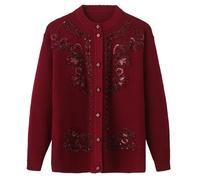 OFFSUM Cardigan En Tricot Pour Femme - Manteau De Grand-Mère À Col Rond Grande Taille Cardigan Tricoté Mode Printemps-Automne Broderie Couleur Unie Haut À Simple Boutonnage Vin Rouge Xl