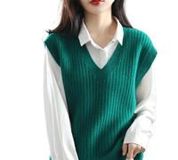 OFFSUM Gilet Pull Femme - Mode Style Coréen Couleur Unie Pull Gilet Automne Hiver sans Manches Jacquard Tricoté Gilet Col en V Vêtements D'Extérieur,Vert,S