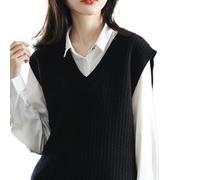 OFFSUM Gilet Pull Femme - Mode Style Coréen Couleur Unie Pull Gilet Automne Hiver sans Manches Jacquard Tricoté Gilet Col en V Vêtements D'Extérieur,Noir,XL