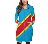OFFSUM Veste À Capuche Pour Femme - République Démocratique Du Congo Drapeau National Sweat-Shirt À Capuche Décontracté Avec Poche Zippée, Cardigan Chaud Pour L'Automne Et L'Hiver, Doux Et C