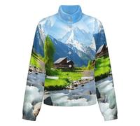 OFFSUM Veste Polaire Pour Femme - Ruisseau De Montagne Enneigée Veste Décontractée À Poches, Cardigan Chaud D'Automne Et D'Hiver Pour Les Activités De Plein Air, Haut Doux Et Confortable 3Xl