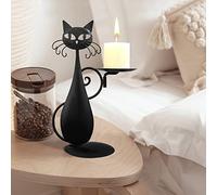 OFILLES Bougeoir en forme de chat noir pour bougie pilier LED sans flamme, rétro rustique maison en métal pour centre de table, table à manger, cadeau de pendaison de crémaillère
