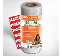 OFITURIA Papier Bulles Emballage 100cm x 20m - Pack Fragile avec 12 Étiquettes “FRAGILE” - idéal pour emballage colis, papier bulle déménagement, bubble wrap