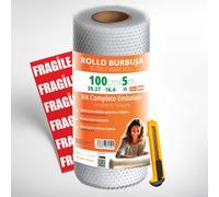 OFITURIA Papier Bulles Emballage 100cm x 5m - Kit Complet avec Cutter + 12 Étiquettes “FRAGILE” - kit déménagement complet, papier bulles pour emballage colis