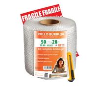 OFITURIA Papier Bulles Emballage 50cm x 20m - Kit Complet avec Cutter + 12 Étiquettes “FRAGILE” - kit déménagement complet, papier bulles pour emballage colis
