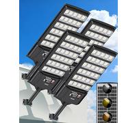 Ofuray Lampadaire Solaire Exterieur, 6AH Lumiere Solaires avec Détecteur de Mouvement, 3 Températures de Couleur 3000K/4000K/6500K, Puissant Projecteur Led Exterieur pour Jardins, Parkings, 4 Pack