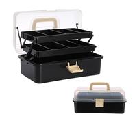 OGANAZI Boîte de rangement portable avec poignée et couvercle, 3 couches, multi-usages, organisateur de bureau, boîte à crayons, vide, en plastique, noire, boîte à couture, 2 étagères avec 6