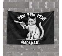 OGBD Tapisserie humoristique représentant un chat tenant un pistolet avec le texte Pew Pew Pew! Madakas! Tapisserie amusante pour cuisine, chambre à coucher, décoration de porte (100 x 150 cm)