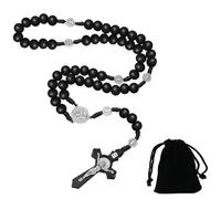 OGLYMRA Collier Chapelet Croix Catholique avec Croix Médaille Jésus Christ Saint Benoît, Perles de Prière en Bois Naturel pour Chrétiens Catholiques Communion Religieuse, Baptême, Messe, Bible, Noir