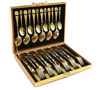 Ogori - Ménagère 24 pièces en acier inoxydable poli miroir doré avec boîte en bois unique pour cadeau - Ensemble de couverts en acier inoxydable avec cuillère