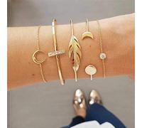 Ogquaton Bracelet couleur or ensemble rétro feuilles croix de lune ronde bracelets de géométrie en cristal pour les femmes 5 pcs très pratique et populaire