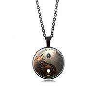 Ogquaton Collier Steampunk Yin Yang Time Convexe Rond Verre Collier Pendentif Homme Exquis Accessoire (Noir) Élégant et populaire