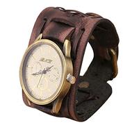 Ogquaton Premium Qualité Style rétro Punk Rock Marron Grand Large Cuir Bracelet Manchette Hommes Montre-Bracelet Marron