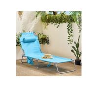 SoBuy OGS35-B Chaise Longue Pliable et Réglable, Transat de Jardin avec Appui-Tête et Pochette, Bain de Soleil, Transat Relaxation Ergonomique, pour Jardin, Balcon, Terrase, Charge 120 kg Bleu G