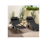 OGS35-SCHx2 Lot de 2 Chaises Longues Pliables et Réglables, Transat de Jardin avec Appui-Tête et Pochette, Bain de Soleil, Transat Relaxation