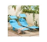 OGS48-Bx2 Lot de 2 Chaise Longue Pliable avec Pare-Soleil Réglable - Transat Jardin, 198 x 63 x 65 cm, 4 Positions Inclinables, 150kg Max - Pour