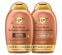 OGX Shampooing + Après-Shampooing Lissant Kératine Brésilienne, 2x385 ml | Rend les cheveux lisses et doux dès la 1ère utilisation, Pour rendre les cheveux frisés ou abîmés doux et brillants