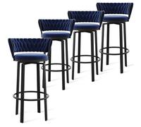 OGYJMSFN Tabourets Bar 360 Swivel Velvet Bar Stools Set of 2 Open Back Dining Chairs with Woven and Gold Footrest Stylish Kitchen Island Pub Seating(Blue Black Leg,4 PCS)