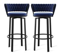 OGYJMSFN Tabourets Bar 360 Swivel Velvet Bar Stools Set of 2 Open Back Dining Chairs with Woven and Gold Footrest Stylish Kitchen Island Pub Seating(Blue Black Leg,2 PCS)