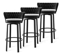 OGYJMSFN Tabourets Bar 360 Swivel Velvet Bar Stools Set of 2 Open Back Dining Chairs with Woven and Gold Footrest Stylish Kitchen Island Pub Seating(Black Black Leg,3 PCS)