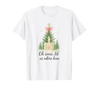 Oh Come, Let Us Adore Him, Watercolor Church Christmas T-Shirt