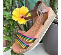 Oh! My Sandals 5435 Sandales compensées plates en cuir pour femme, Chêne combiné, 38 EU
